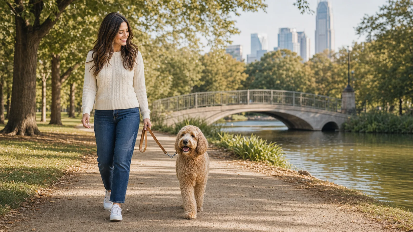 Lauren walking Oakley beside the water in a Charlotte park