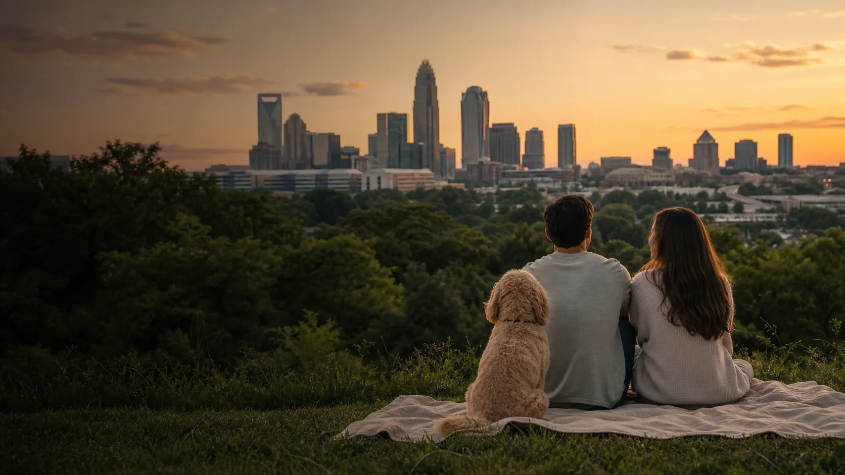 A couple and their dog looking toward the Charlotte skyline at sunset