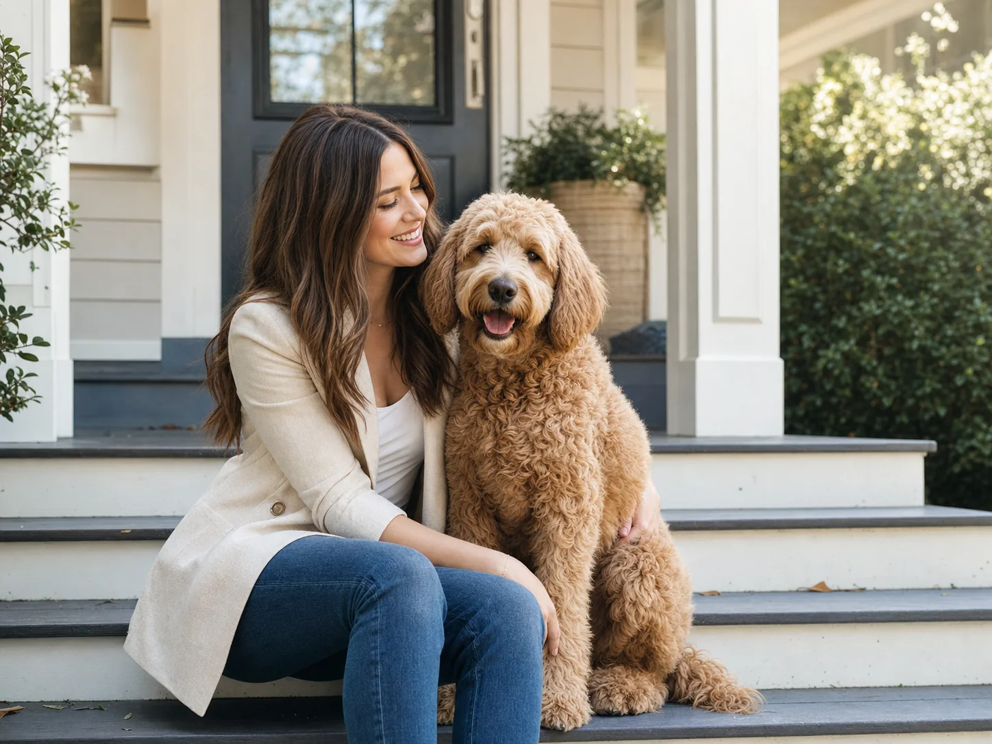 Lauren sitting on a porch with her dog Oakley